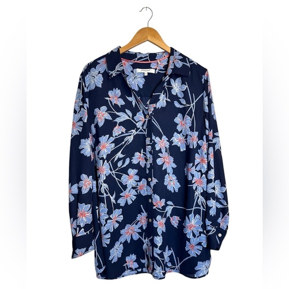 Foxcroft | Women’s Floral Long Sleeve Blouse | Navy Blue | Size 16W / 1X - Picture 1 of 4